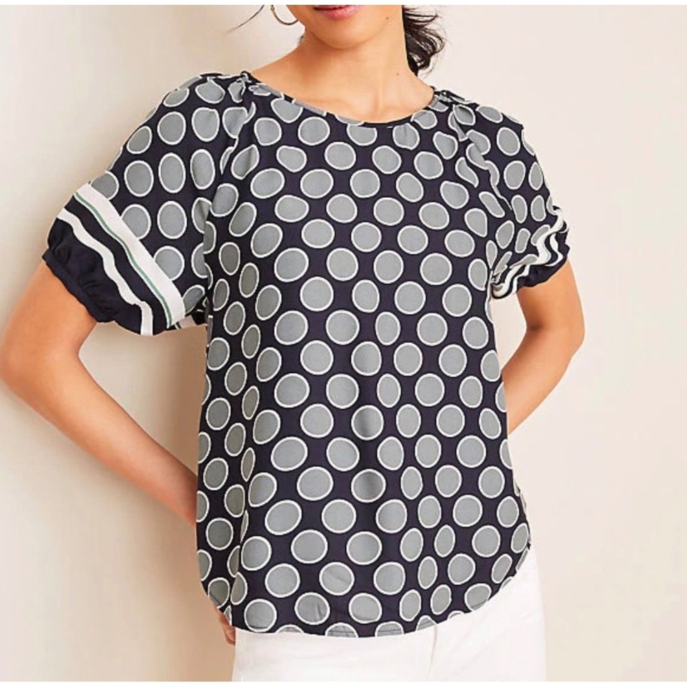 Ann Taylor Polka Dot Puff Sleeve Top Size Small Navy/Green Career Casual